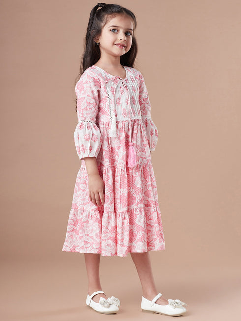 Girls Tiered Floral Print Tie-Up Neck A-Line Midi Cotton Dress
